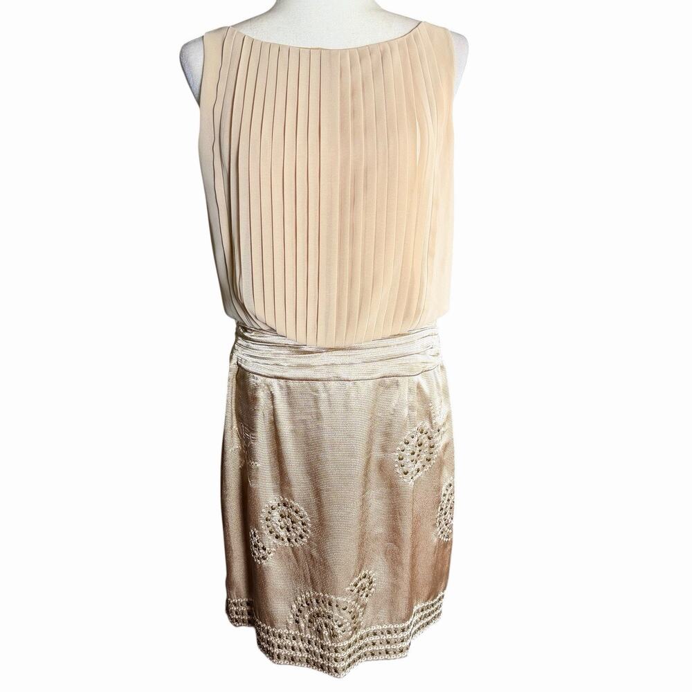 Vince Camaro Sleeveless Shift Dress Embroidered Pleats Beige 10 Wedding Guest